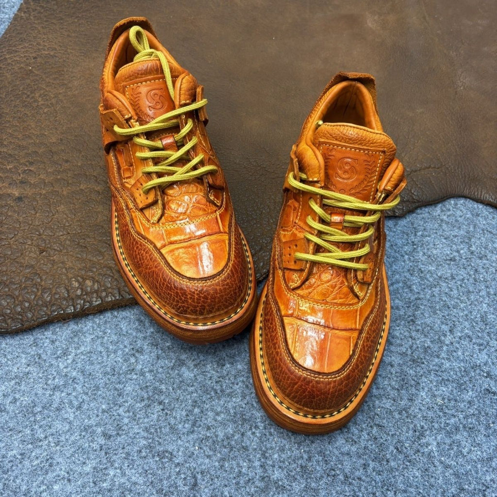 Hand-washed crocodile patchwork cowhide casual genuine leather men's shoes, all-season style.