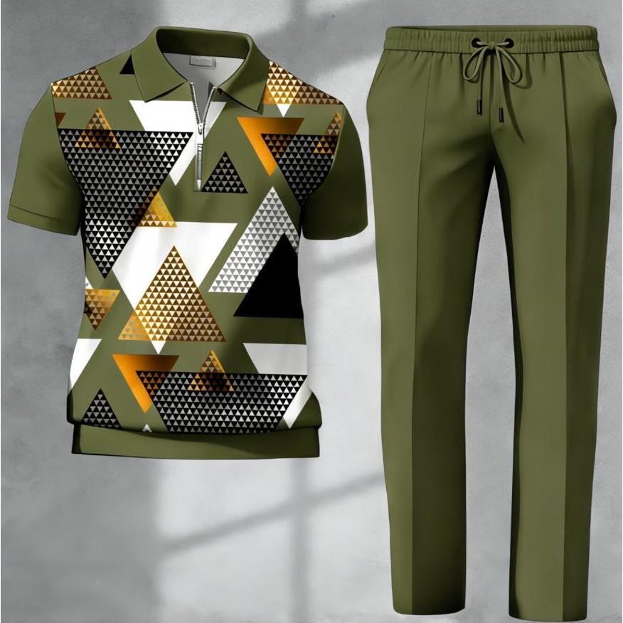 SHEIN Cross-Border New Autumn/Spring 3D Printed Short-Sleeve Polo Pants Two-Piece Set for Men