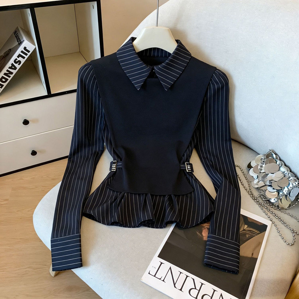 Stylish polka dot short-sleeved navy blue shirt, youthful and chic, perfect for summer 2026 commuting.