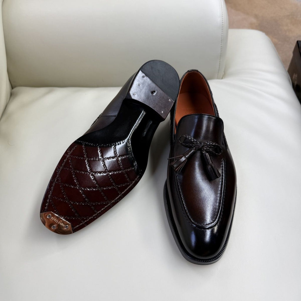 Handmade leather shoes, genuine brown, pointed toe, square toe, classic all-season men's casual shoes