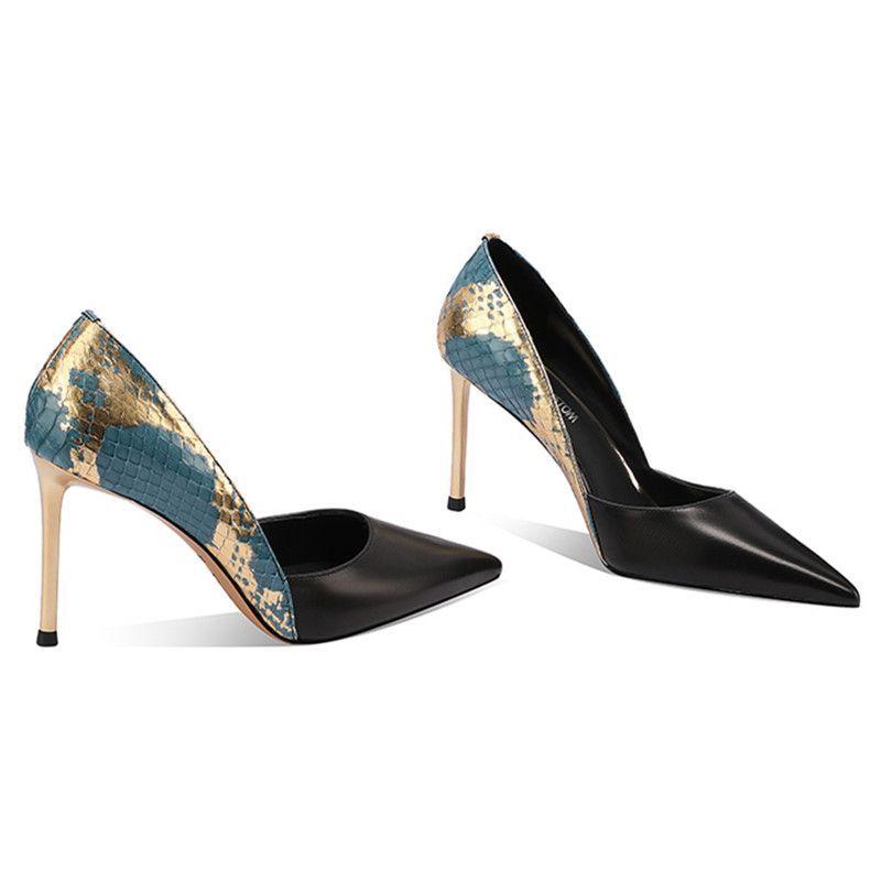 CL elegant and sophisticated women's rhinestone stiletto heels, new black patent leather, pointed toe, and red sole.