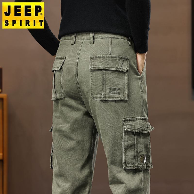 JEEP Men's Thick Cotton Straight Leg Loose Fit Cargo Pants for Autumn and Winter