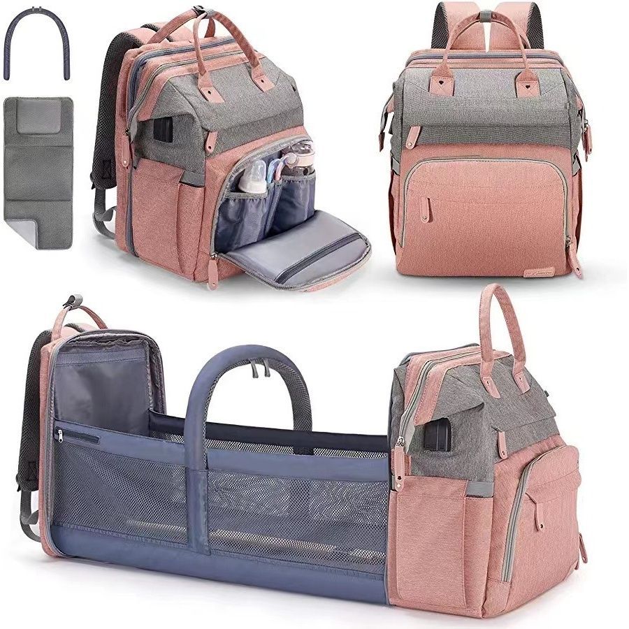 Large capacity diaper bag/backpack, foldable crib, portable for outings.