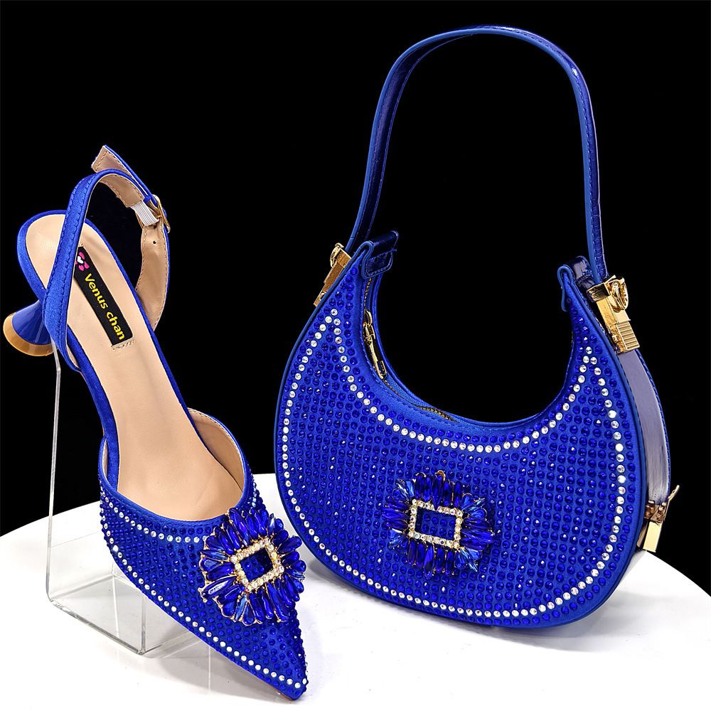 European and American style women's champagne-colored pointed-toe shoes and bag set with rhinestone buckle embellishment