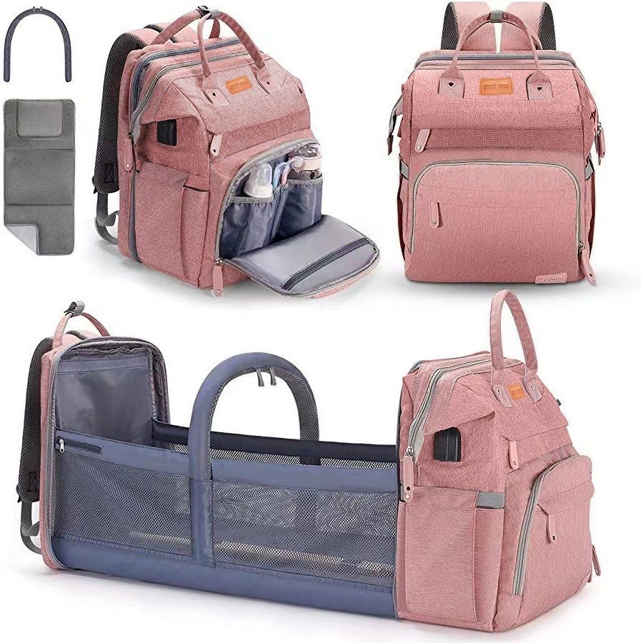 Large capacity diaper bag/backpack, foldable crib, portable for outings.