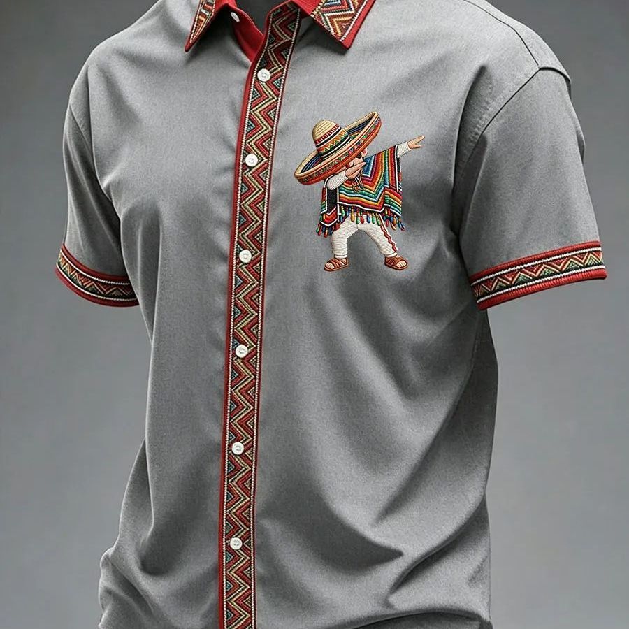 Summer New Arrival: Men's Short-Sleeve Shirt with Lapel, Ethnic Style Print
