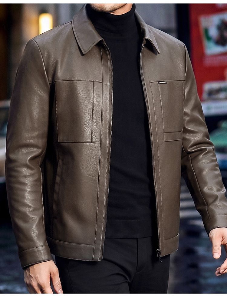 New Spring/Autumn Retro Motorcycle Style Genuine Leather Jacket for Men; Winter Casual Fleece Lined.