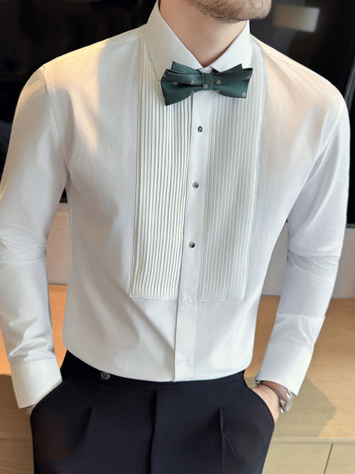 Accordion-pleated men's long-sleeved dress shirt, new spring/autumn 2025 style, high-end Korean casual look.