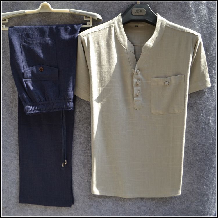 Linen casual two-piece men's summer thin short-sleeved T-shirt and elastic waist trousers
