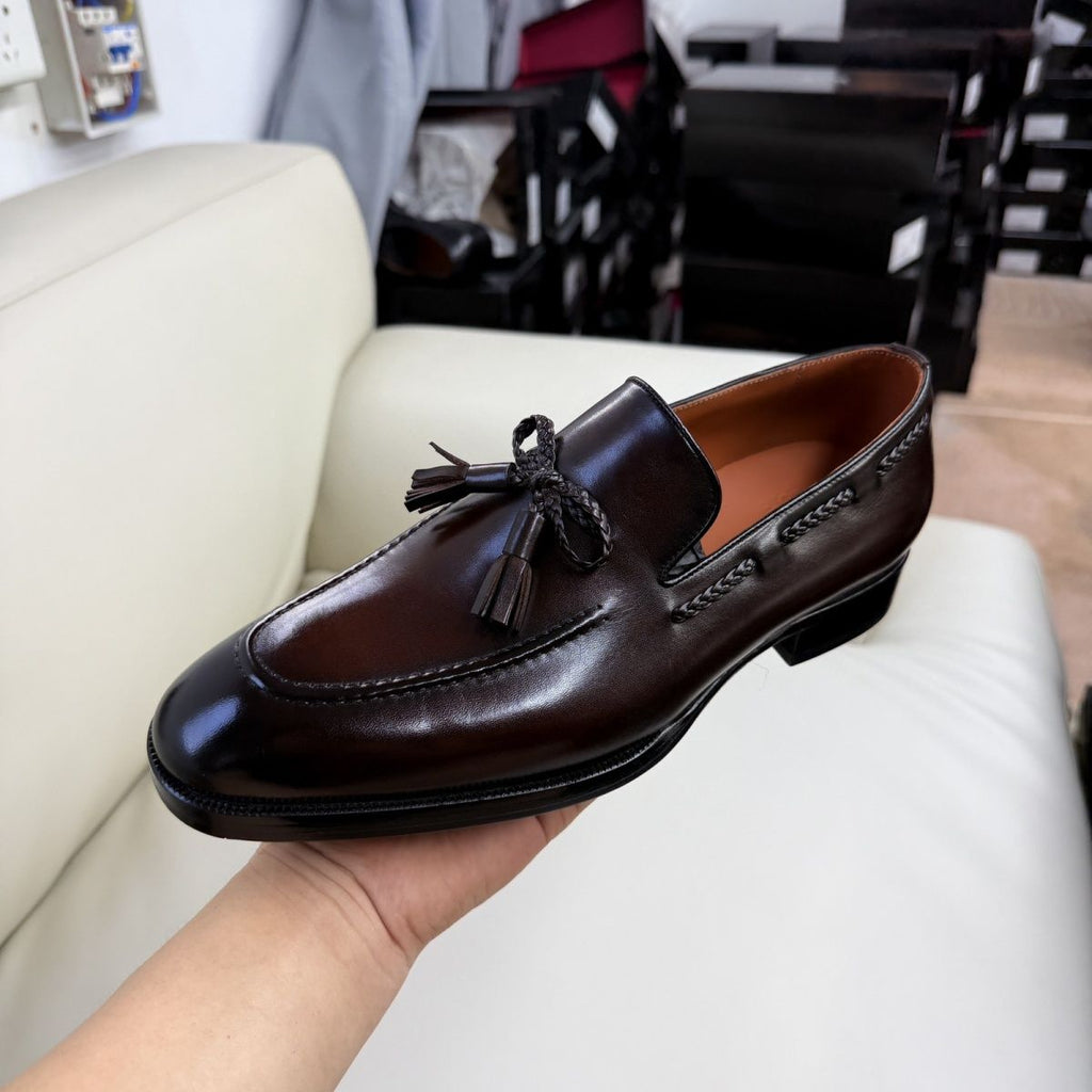 Handmade leather shoes, genuine brown, pointed toe, square toe, classic all-season men's casual shoes