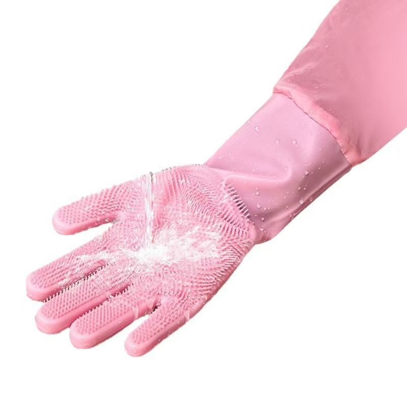 Extended waterproof silicone gloves, thickened for dishwashing, winter use, suitable for household cleaning.