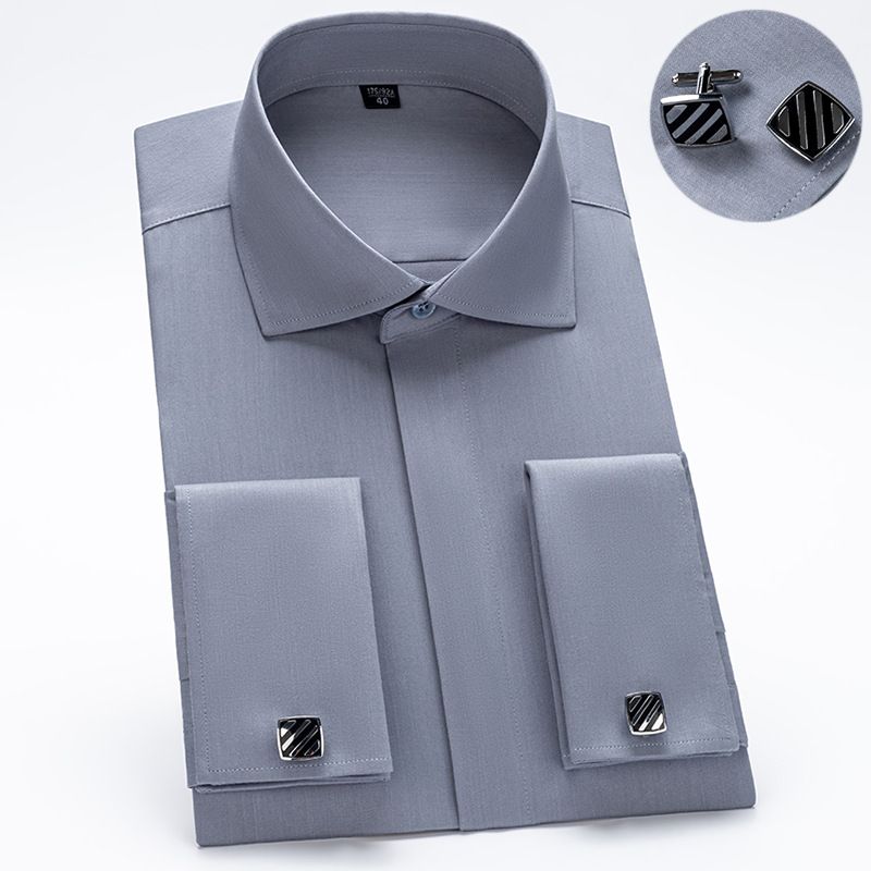 Men's French cuff button shirt, slim fit, long sleeves, Windsor collar, concealed buttons, bamboo fiber double cuffs.