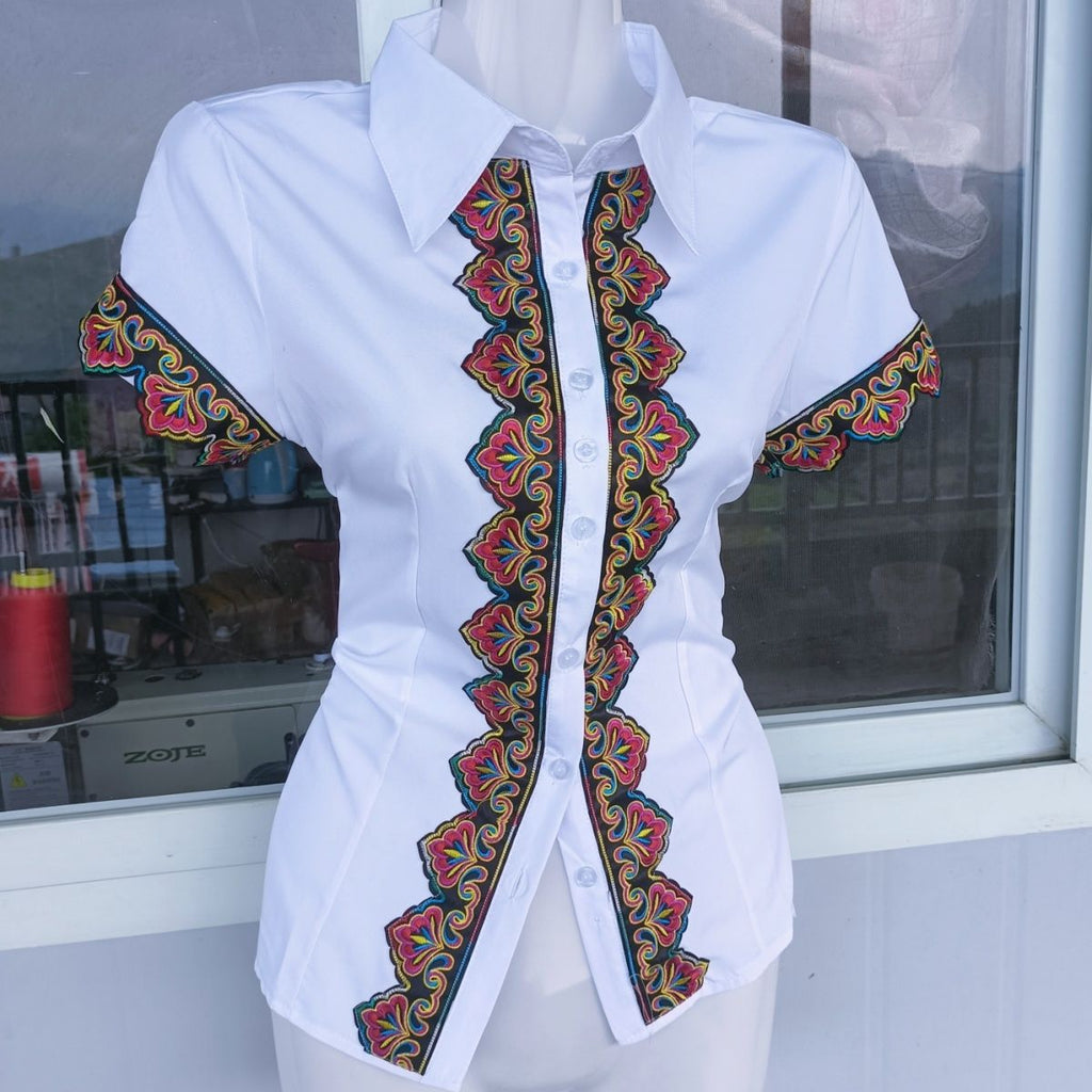 Yunnan New Embroidered Collar Versatile Casual Mid-Sleeve Shirt