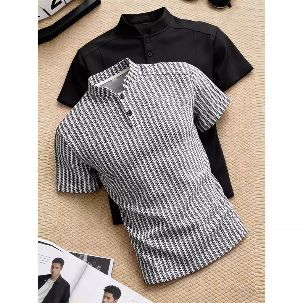 Herringbone pattern Henley collar short-sleeved men's summer polo shirt with wide shoulders and a slim waist.