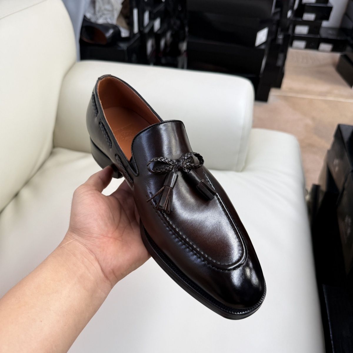 Handmade leather shoes, genuine brown, pointed toe, square toe, classic all-season men's casual shoes