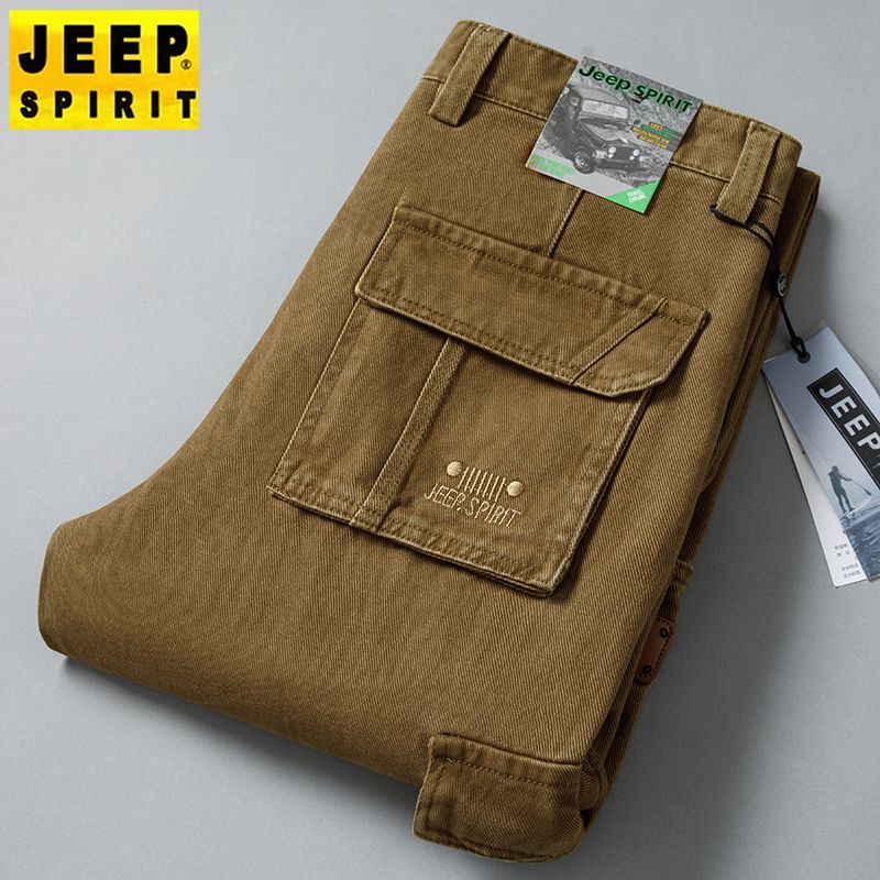 JEEP Men's Thick Cotton Straight Leg Loose Fit Cargo Pants for Autumn and Winter