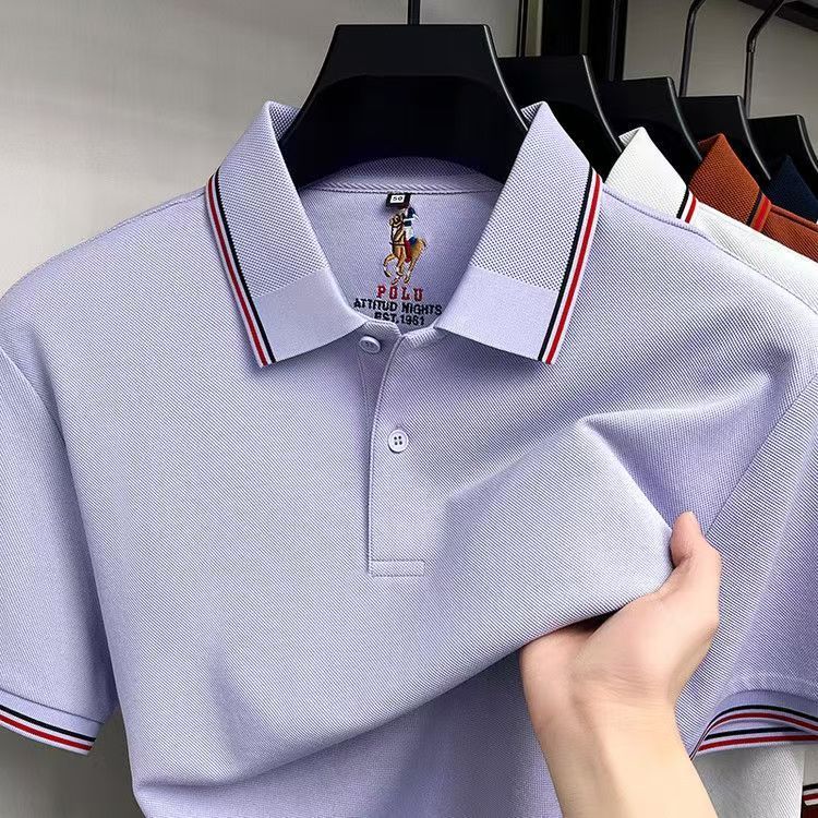 Heavyweight cotton short-sleeved polo shirt for middle-aged and young adults, classic collar, comfortable and stylish top.