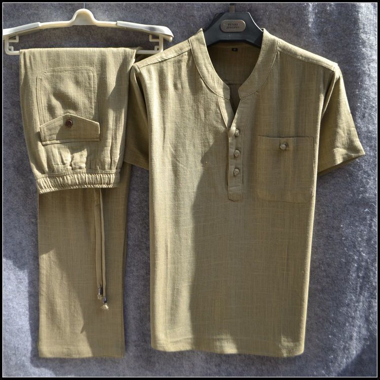 Linen casual two-piece men's summer thin short-sleeved T-shirt and elastic waist trousers
