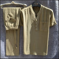 Linen casual two-piece men's summer thin short-sleeved T-shirt and elastic waist trousers