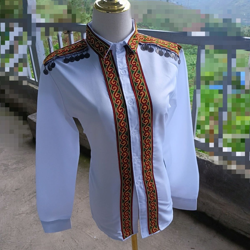 Yunnan New Embroidered Collar Versatile Casual Mid-Sleeve Shirt
