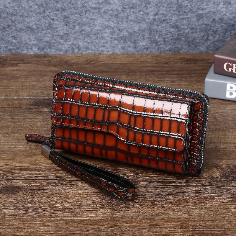 New crocodile belly men's large handbag, high-end, large capacity, long, light luxury wallet, multi-functional business clutch.