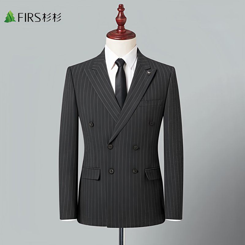 Double-breasted men's two-piece suit set, perfect for wedding grooms and best men, striped style, handsome.