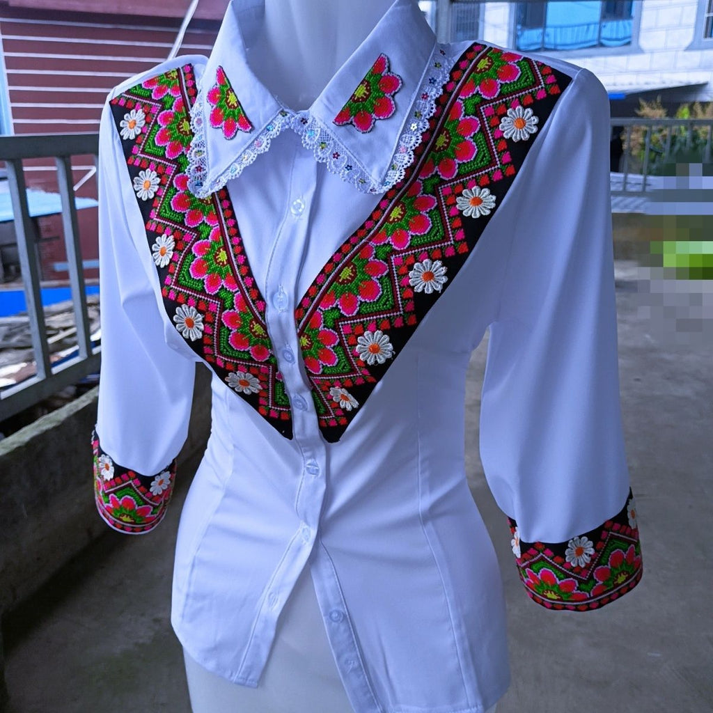 Yunnan New Embroidered Collar Versatile Casual Mid-Sleeve Shirt