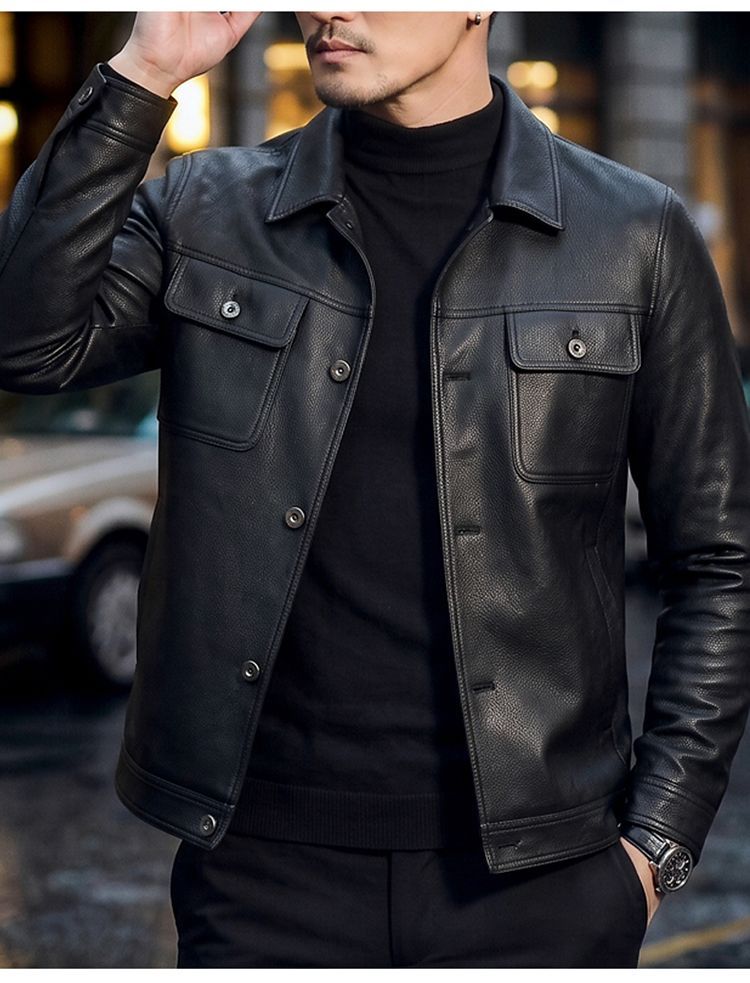 New Spring/Autumn Retro Motorcycle Style Genuine Leather Jacket for Men; Winter Casual Fleece Lined.