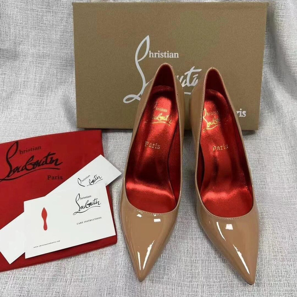CL elegant and sophisticated women's rhinestone stiletto heels, new black patent leather, pointed toe, and red sole.