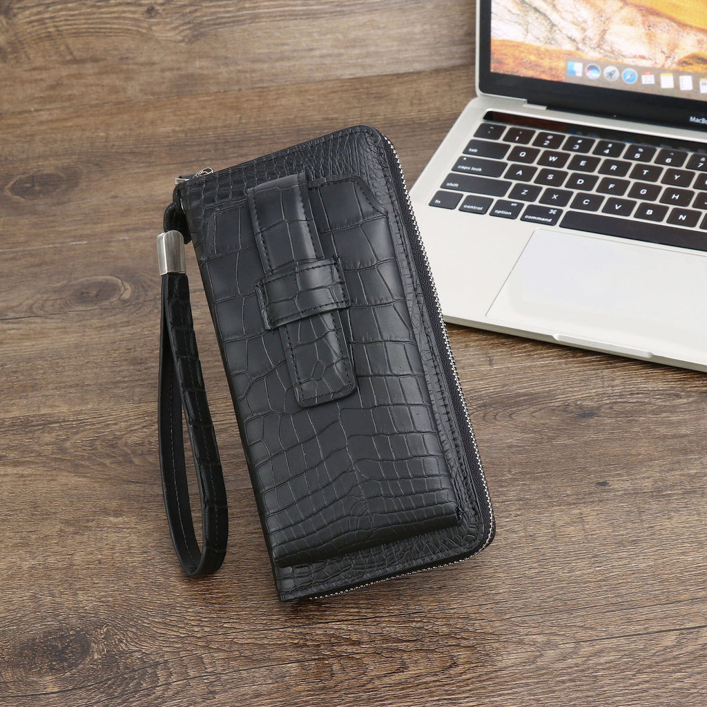 New crocodile belly men's large handbag, high-end, large capacity, long, light luxury wallet, multi-functional business clutch.