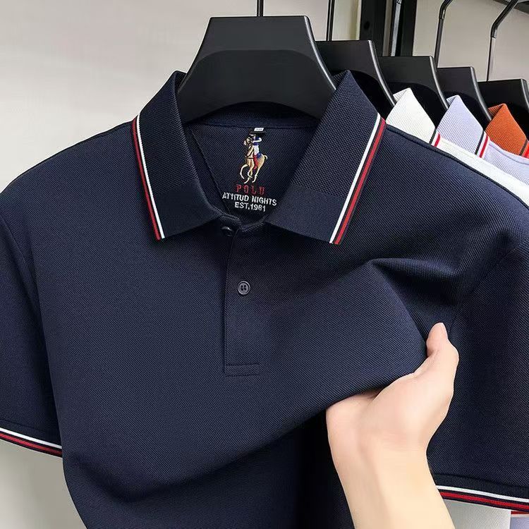 Heavyweight cotton short-sleeved polo shirt for middle-aged and young adults, classic collar, comfortable and stylish top.