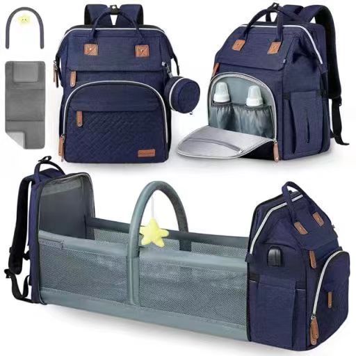 Large capacity diaper bag/backpack, foldable crib, portable for outings.
