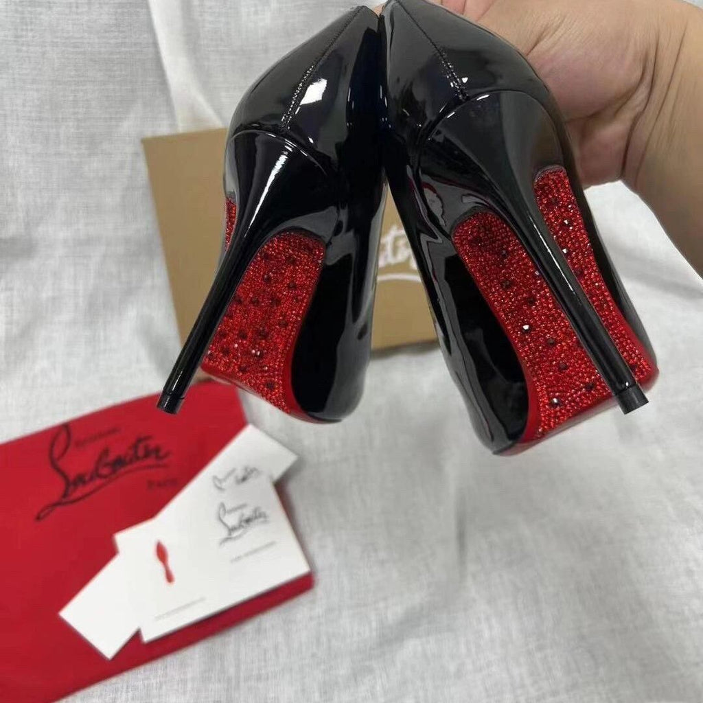 CL elegant and sophisticated women's rhinestone stiletto heels, new black patent leather, pointed toe, and red sole.