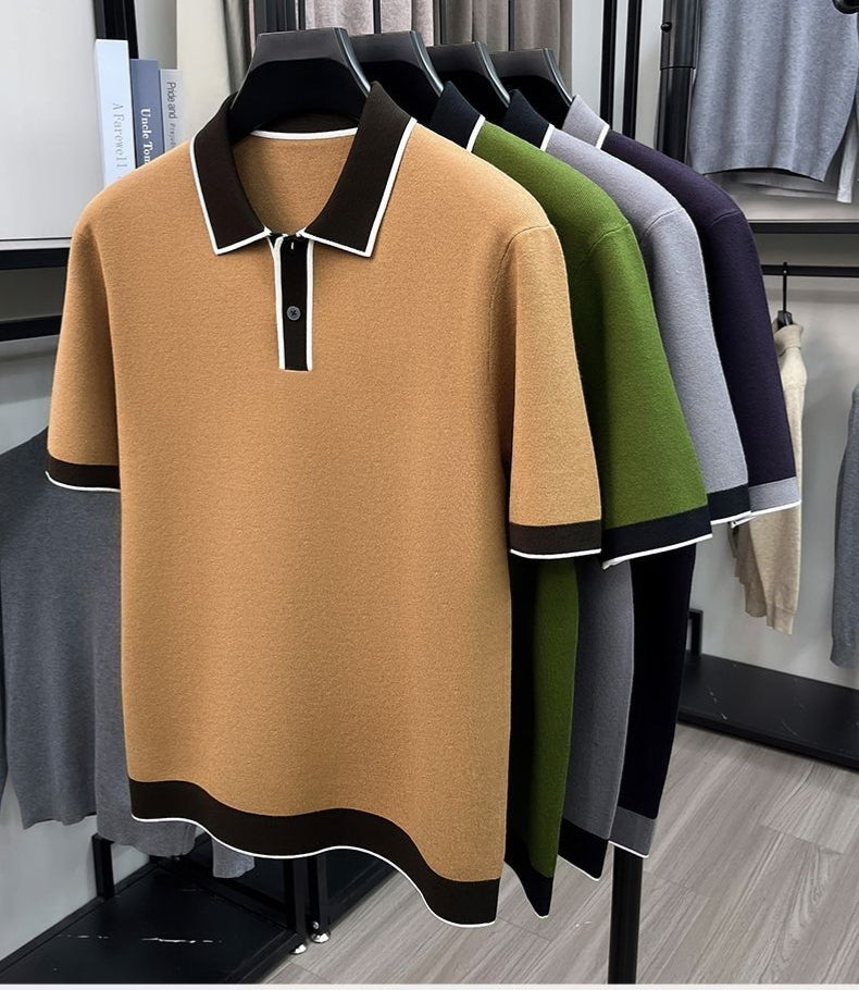 New autumn/winter men's short-sleeved collared knit sweater pullover sweater casual trendy dad outfit
