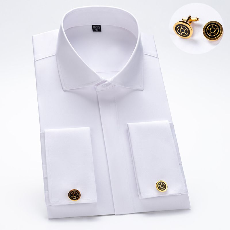 Men's French cuff button shirt, slim fit, long sleeves, Windsor collar, concealed buttons, bamboo fiber double cuffs.