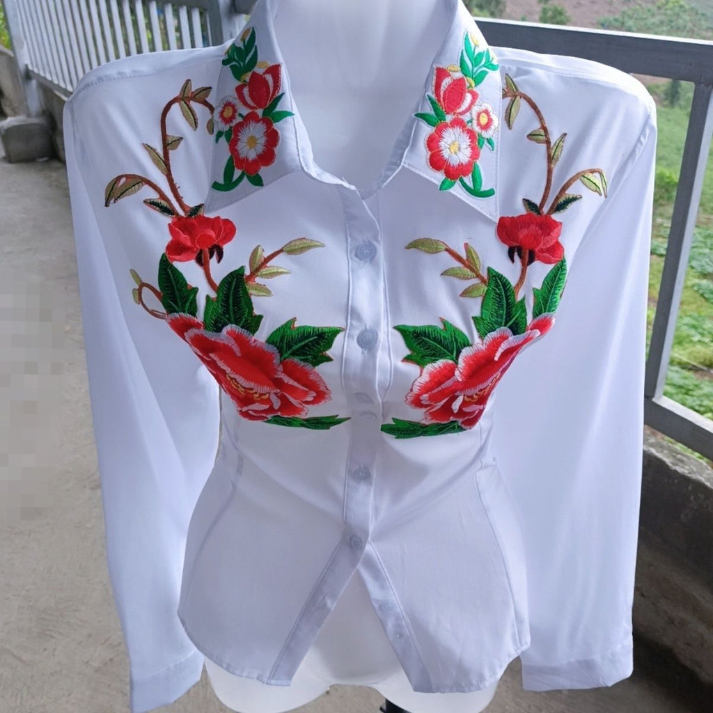 Yunnan New Embroidered Collar Versatile Casual Mid-Sleeve Shirt