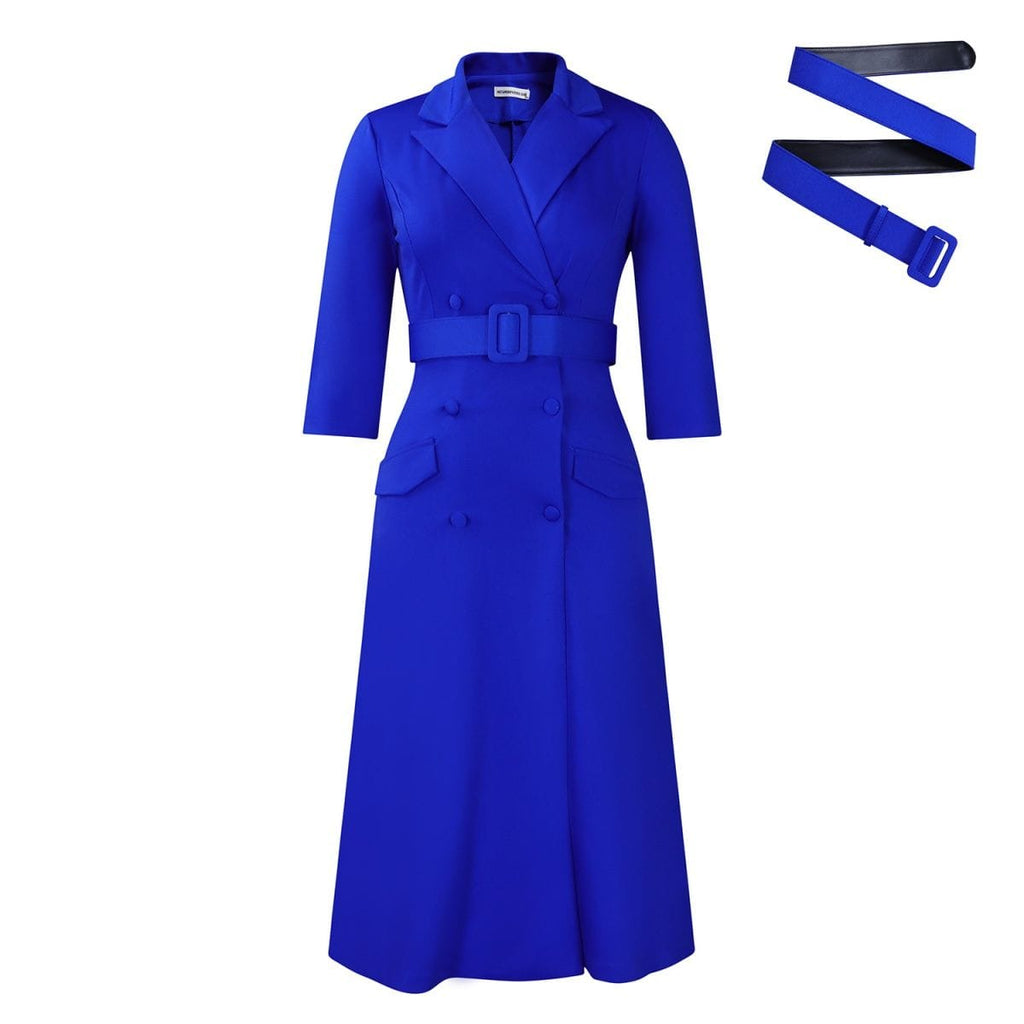 Fashionable and elegant double-breasted suit collar solid color mid-length women's dress for cross-border trade.