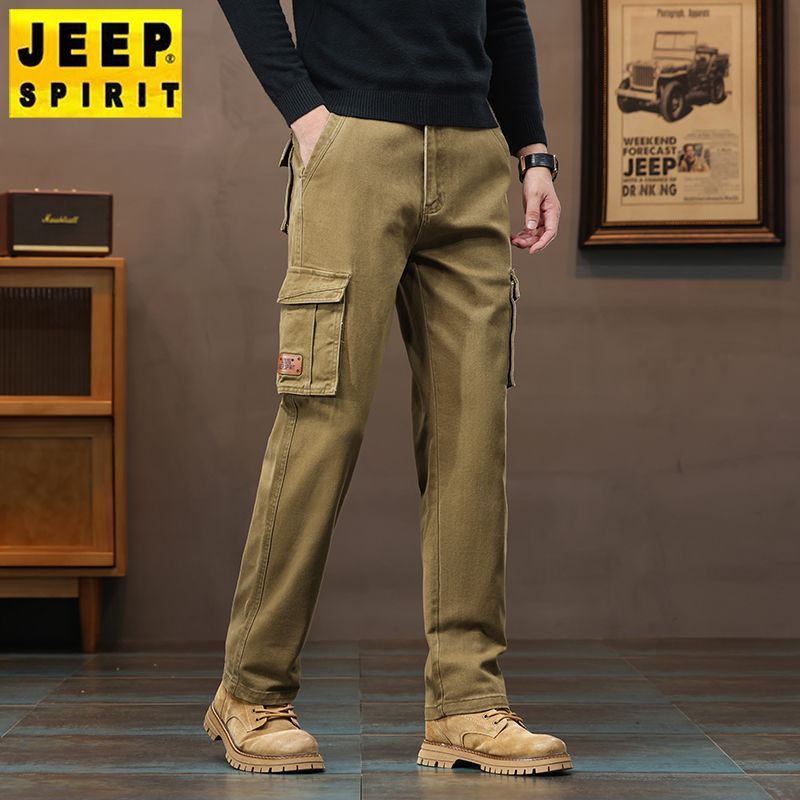 JEEP Men's Thick Cotton Straight Leg Loose Fit Cargo Pants for Autumn and Winter