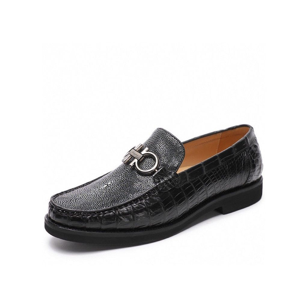 New men's genuine leather business loafers in crocodile and stingray skin.