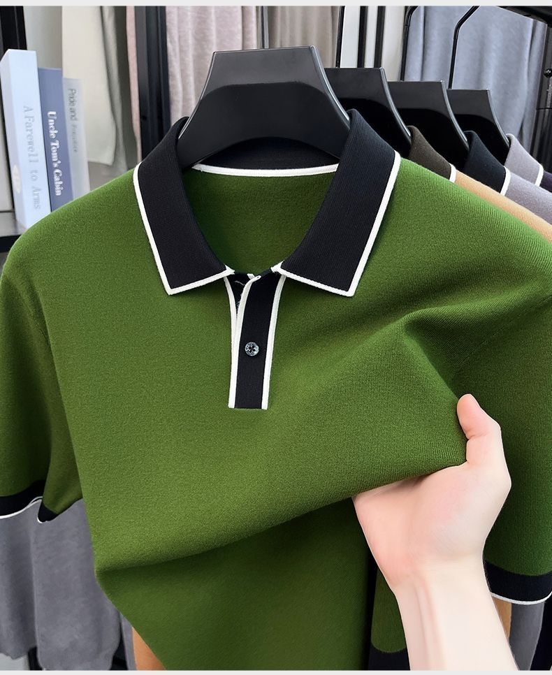 New autumn/winter men's short-sleeved collared knit sweater pullover sweater casual trendy dad outfit