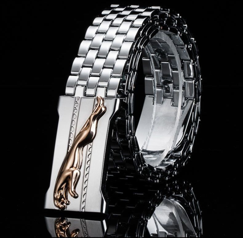 Stainless steel belt for men's self-defense whip, leopard design, versatile and extended length.