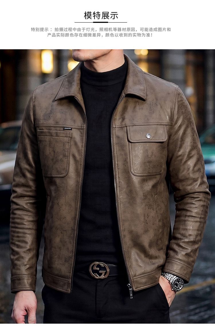 New Spring/Autumn Retro Motorcycle Style Genuine Leather Jacket for Men; Winter Casual Fleece Lined.