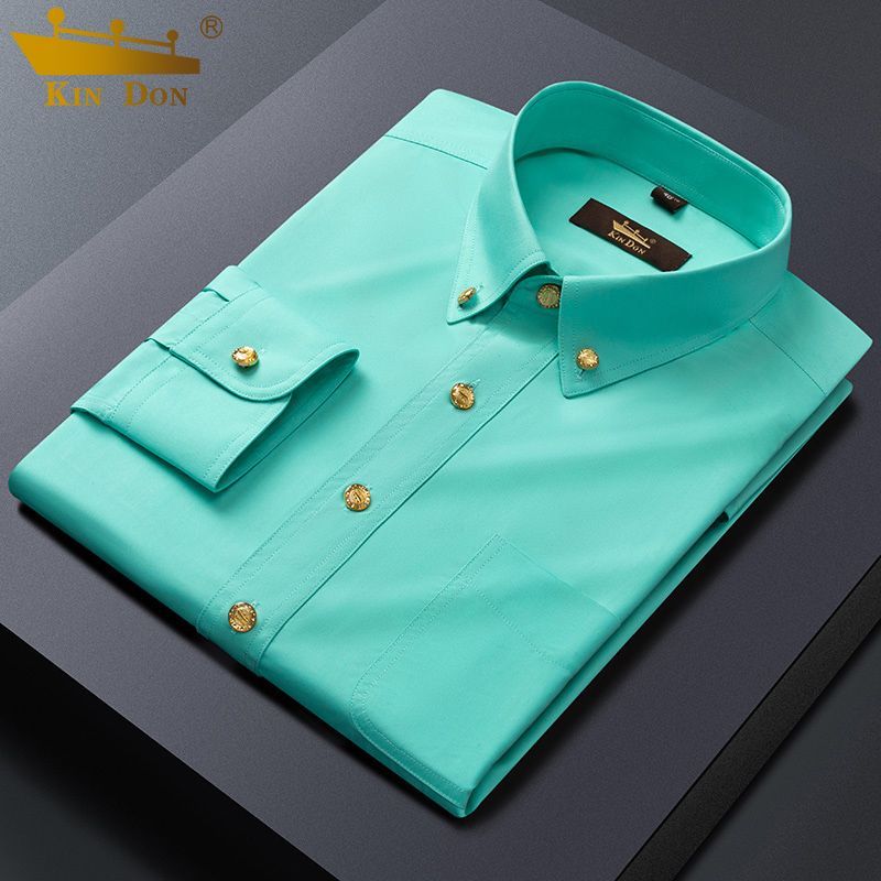 Golden Shield Men's Long-Sleeve Shirt, Wrinkle-Resistant, Copper Button, Korean Style, Slim Fit, Pockets, Business Casual, High-End New Style