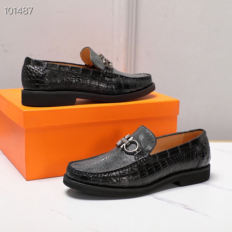 New men's genuine leather business loafers in crocodile and stingray skin.