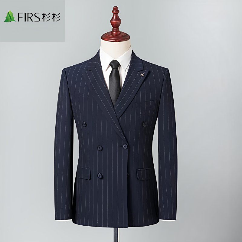 Double-breasted men's two-piece suit set, perfect for wedding grooms and best men, striped style, handsome.