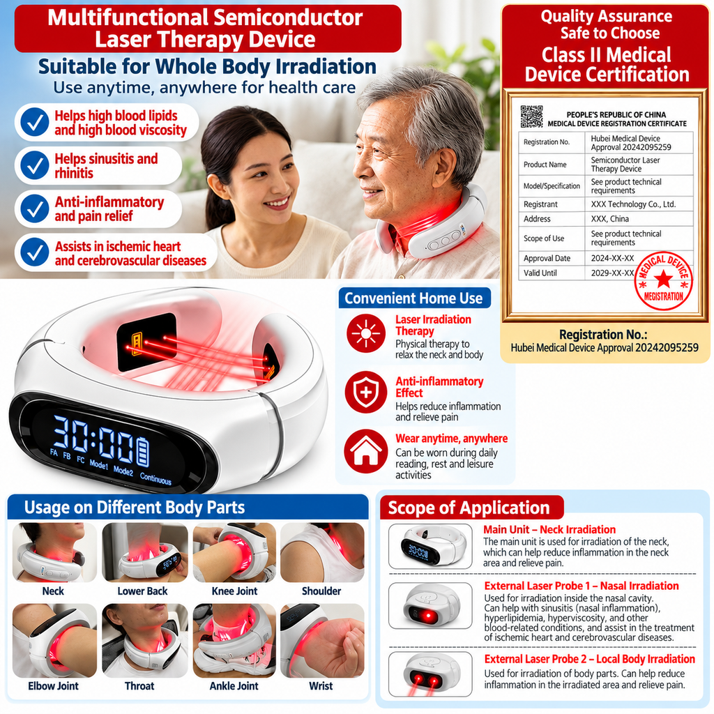 The same semiconductor laser therapy device advertised on TV shopping channels is used to treat rhinitis, inflammation, and cardiovascular diseases.