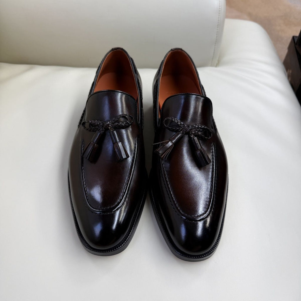 Handmade leather shoes, genuine brown, pointed toe, square toe, classic all-season men's casual shoes
