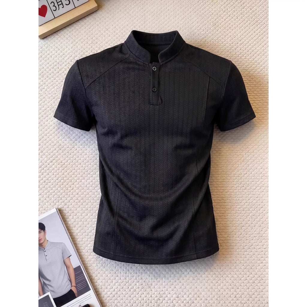 Herringbone pattern Henley collar short-sleeved men's summer polo shirt with wide shoulders and a slim waist.