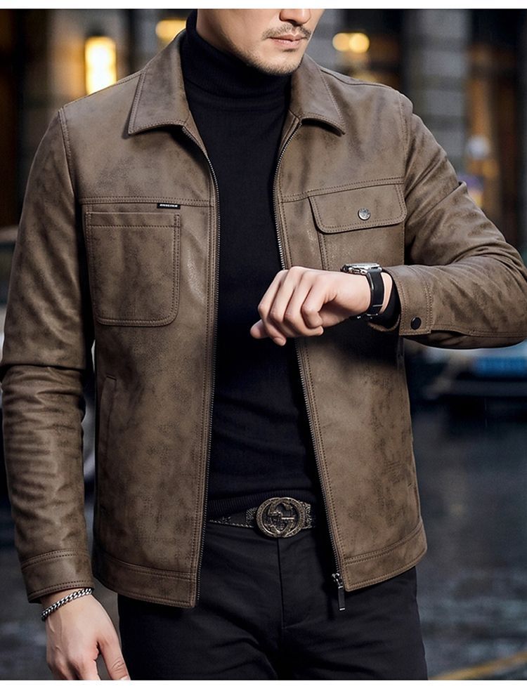 New Spring/Autumn Retro Motorcycle Style Genuine Leather Jacket for Men; Winter Casual Fleece Lined.