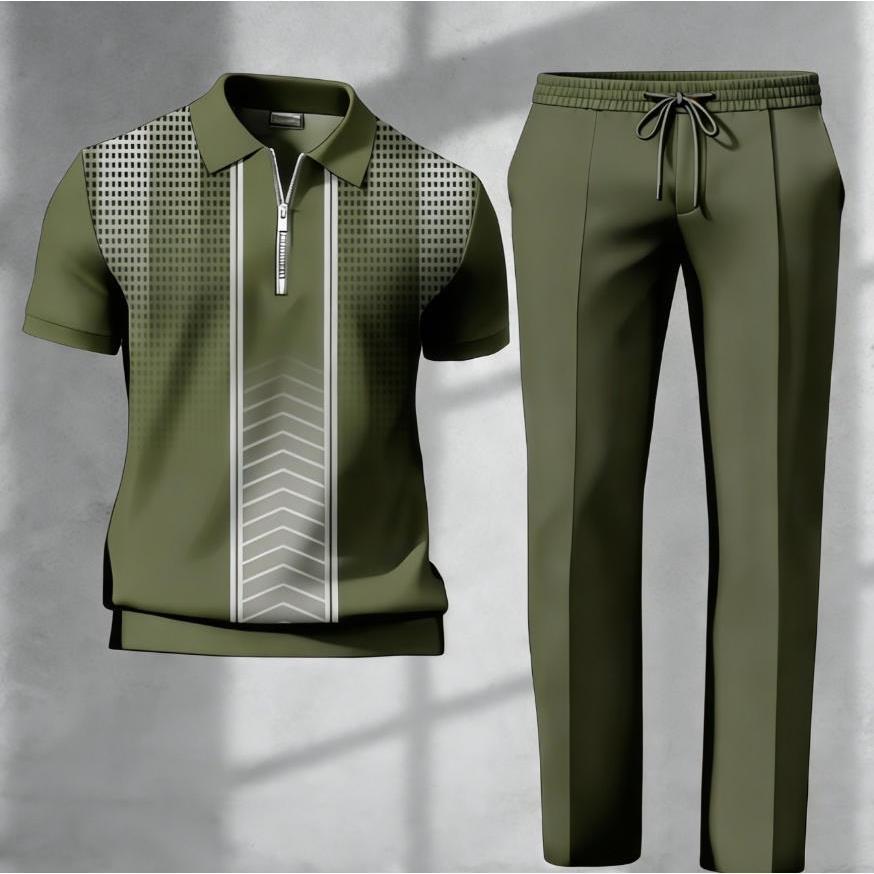 SHEIN Cross-Border New Autumn/Spring 3D Printed Short-Sleeve Polo Pants Two-Piece Set for Men